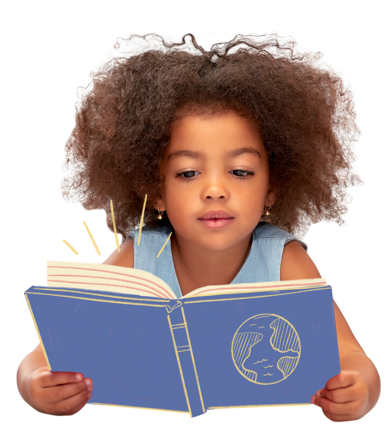 Young girl with curly hair absorbed in a book.