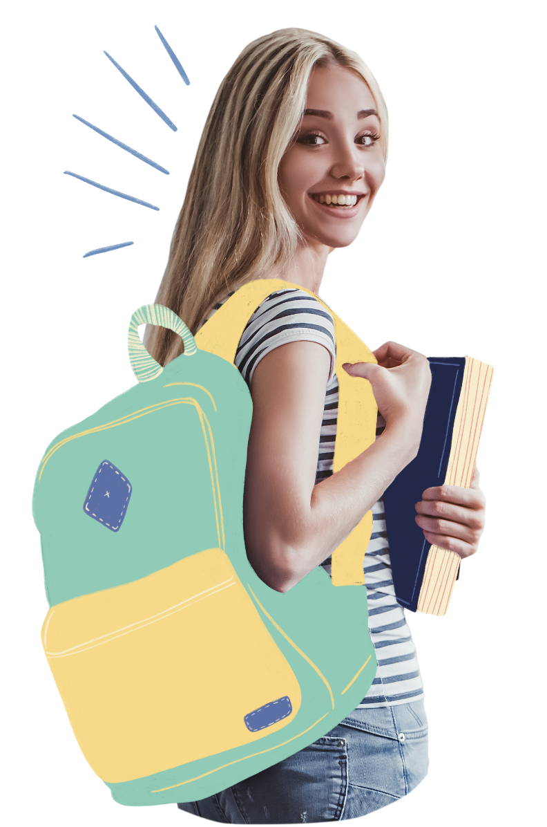 A young girl wearing a backpack, holding books in her hands.