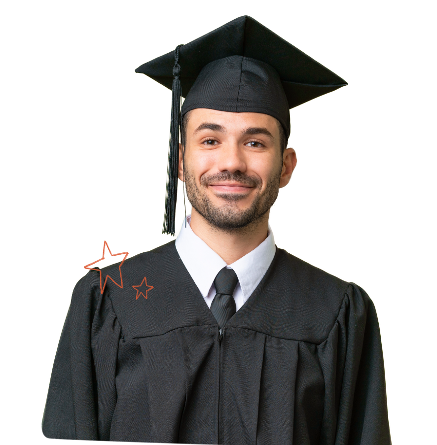 A male graduate dressed in a black gown and cap, standing proudly.