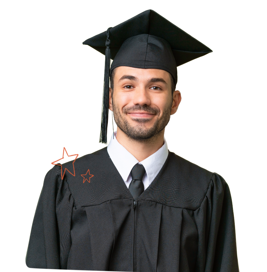 A male graduate dressed in a black gown and cap, standing proudly.