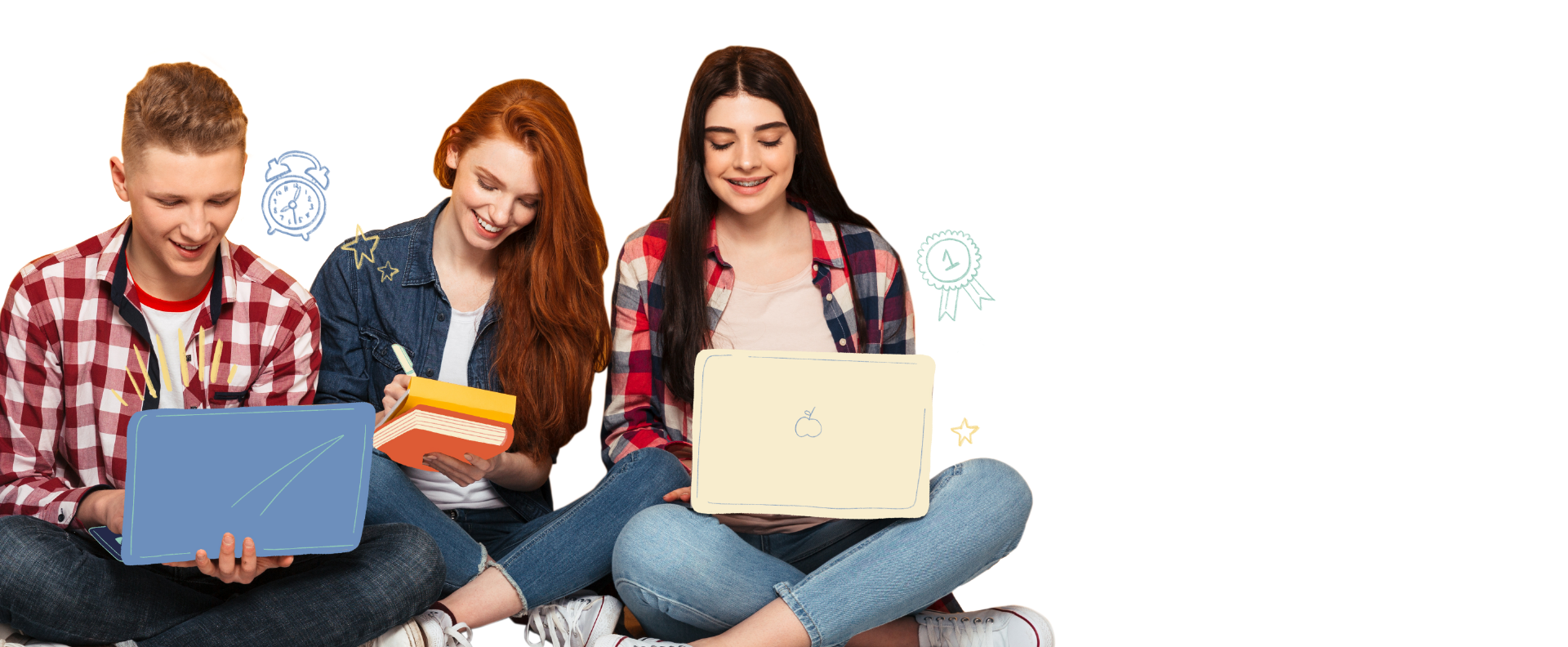 A group of three young people sitting on the floor, typing away on their laptops, surrounded by books and papers